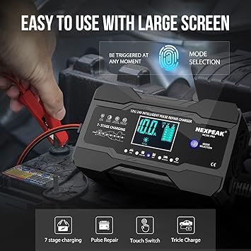 NEXPEAK 10Amp Car Battery Charger 12V and 24V Smart Fully Automatic Battery Trickle Charger Maintainer wTemp Compensation for Truck Motorcycle Lawn Mower Boat Marine Lead Acid Batteries