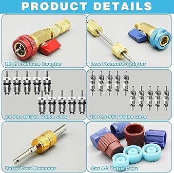 31Pcs R134A Valve Core Quick Remover Installer Tool Set High Low Pressure AC Valve Core Removal Tool with R134A Valve Core AC Service Port Cap Valve Stem Kit for Refrigerant Air Conditioner System