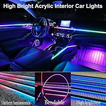 Acrylic Interior Car LED Lights with Remote and Wireless APP 10 in 1Ambient Lighting Kits Fiber Optic Strip LEDs16 Million Colors MusicDIY Function