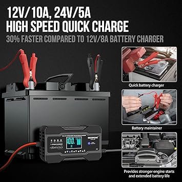 NEXPEAK 10Amp Car Battery Charger 12V and 24V Smart Fully Automatic Battery Trickle Charger Maintainer wTemp Compensation for Truck Motorcycle Lawn Mower Boat Marine Lead Acid Batteries